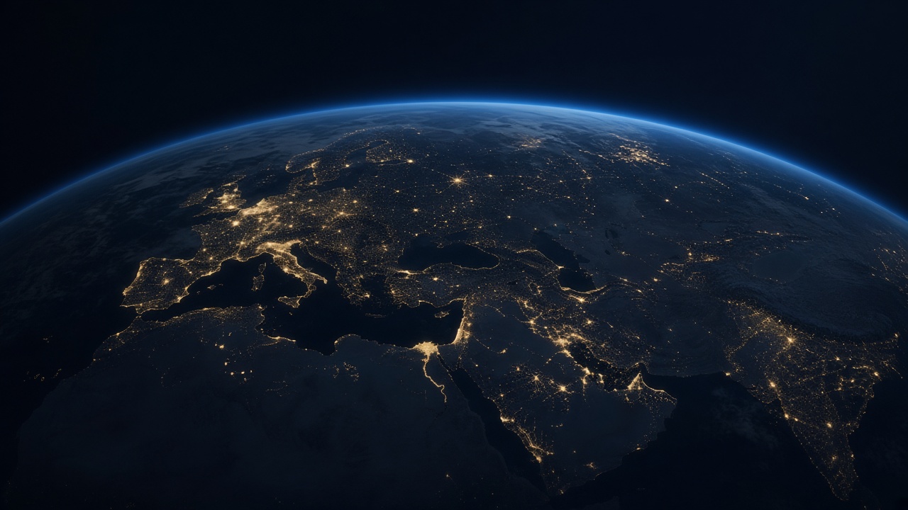 Earth at night from orbit, city lights across Europe, Africa, and Asia